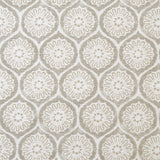 Detail of fabric in a floral lattice print in white and cream on a tan field.