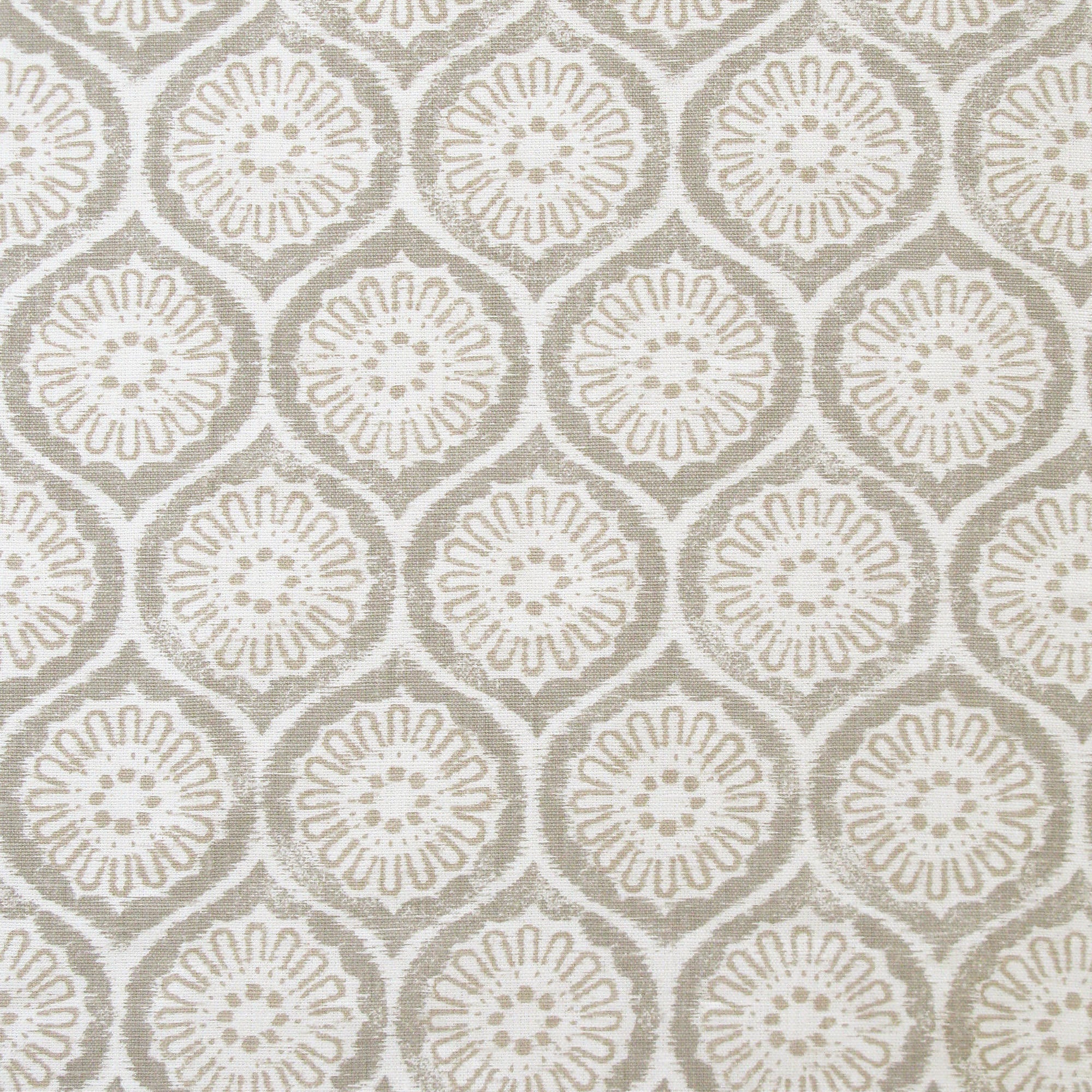 Detail of fabric in a floral lattice print in white and cream on a tan field.