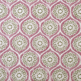 Detail of fabric in a floral lattice print in green and pink on a cream field.