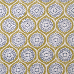 Detail of fabric in a floral lattice print in blue and mustard on a cream field.