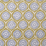 Detail of fabric in a floral lattice print in blue and mustard on a cream field.