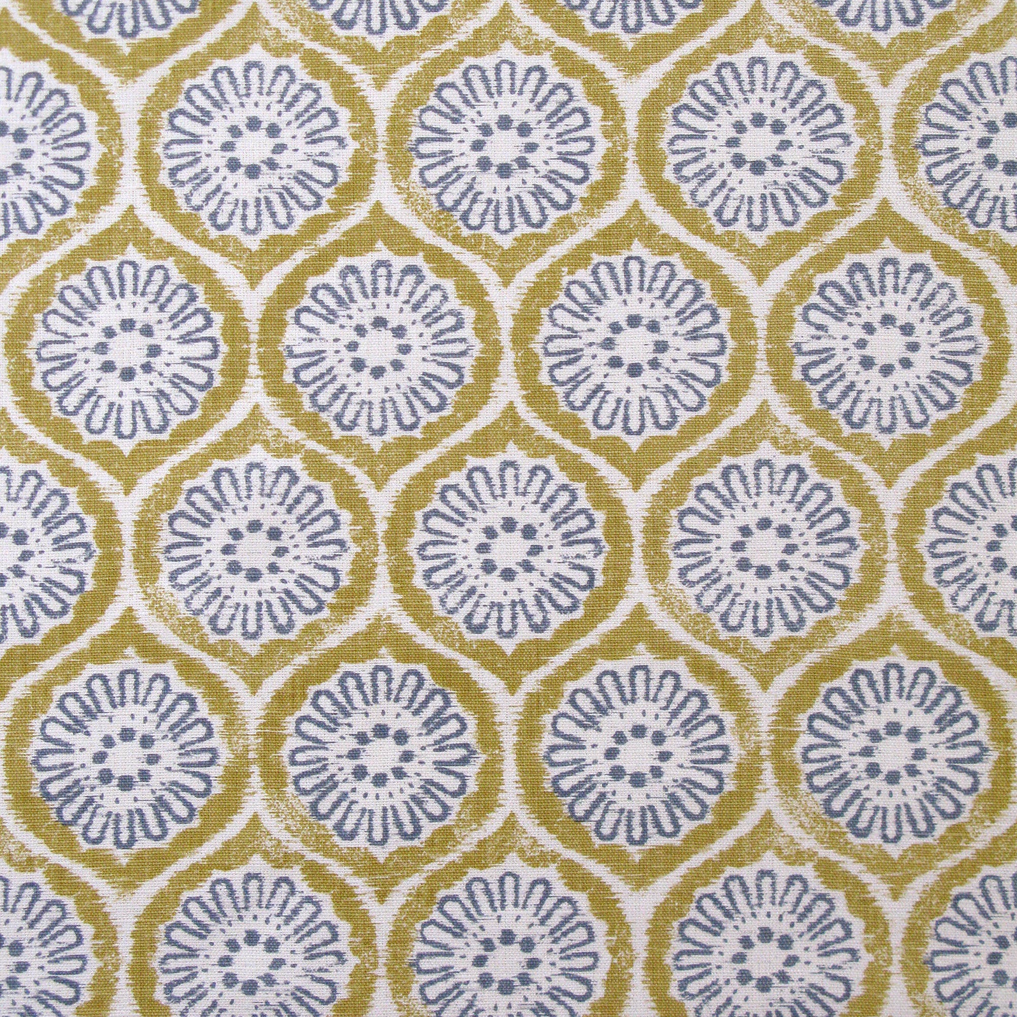Detail of fabric in a floral lattice print in blue and mustard on a cream field.