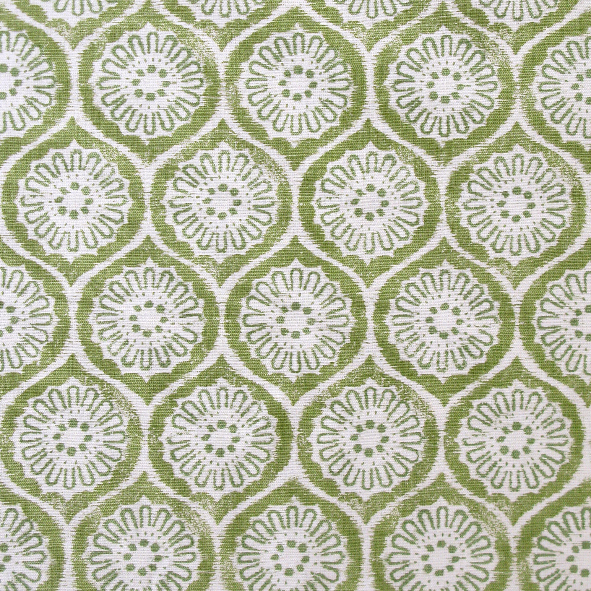 Detail of fabric in a floral lattice print in green on a cream field.