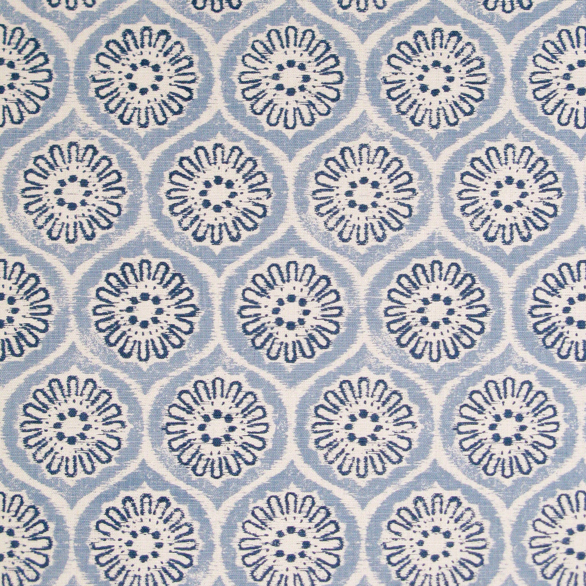 Detail of fabric in a floral lattice print in blue and navy on a cream field.