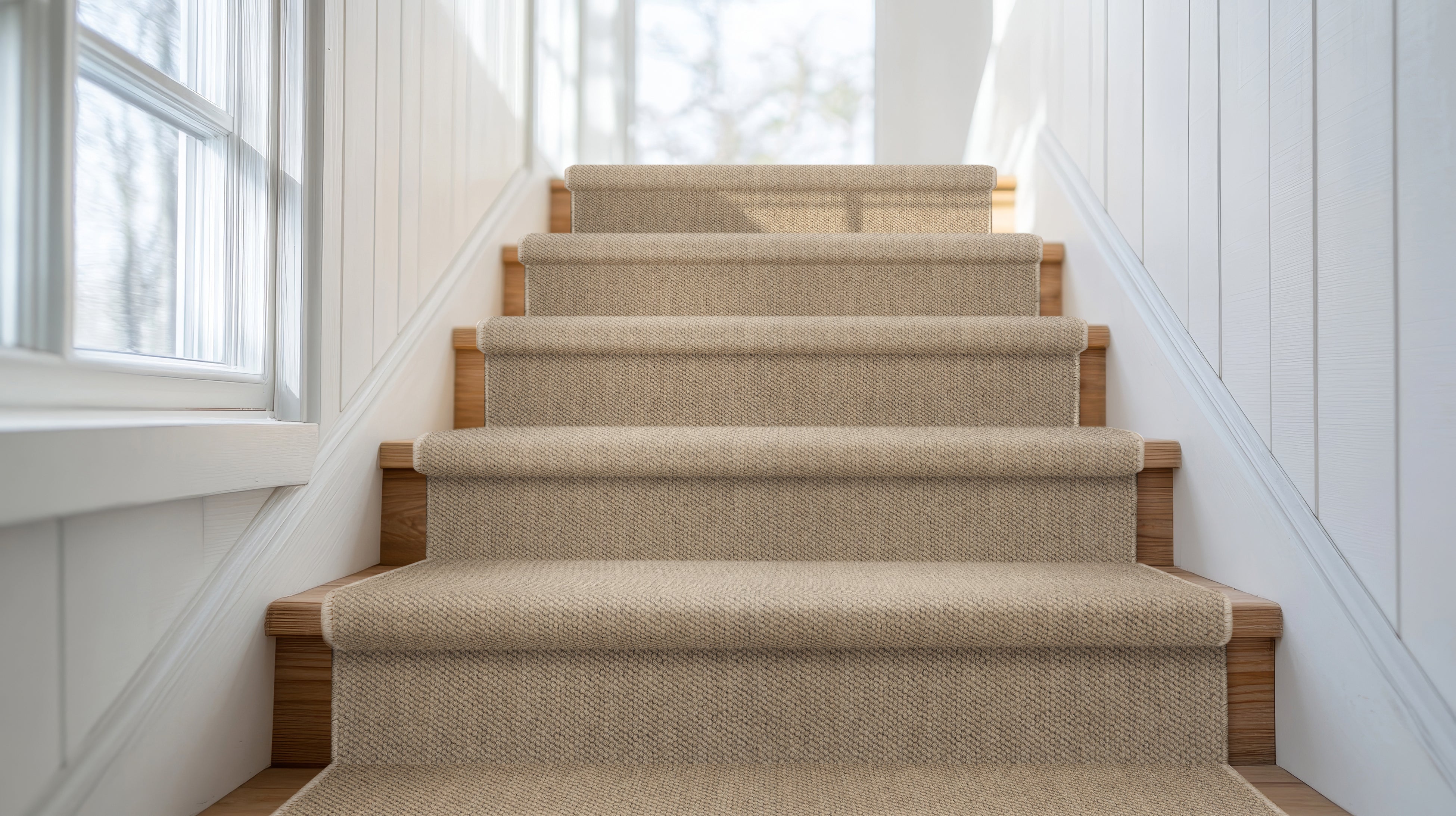 Carpeted staircase with wooden steps in a home setting