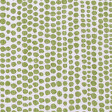 Detail of wallpaper in a painterly dotted print in green on a white field.