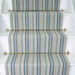 Striped flatweave runner in grey blue sage on white staircase 