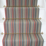 Striped flatweave runner in red tan blue grey on white staircase