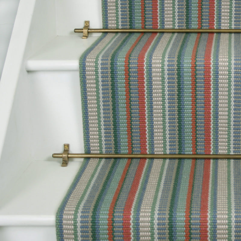 Striped flatweave runner in red green blue grey on white staircase