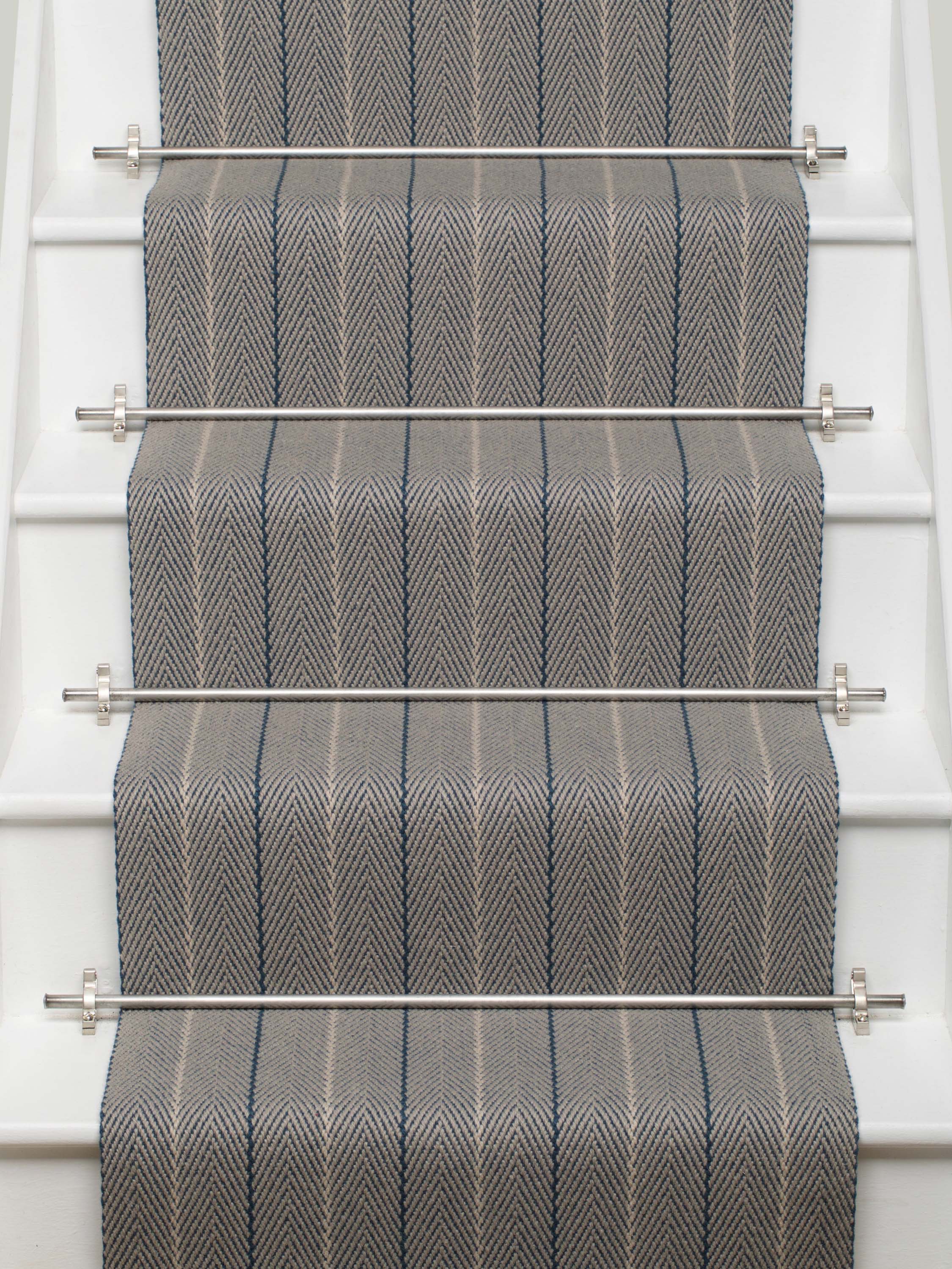 Striped flatweave runner in grey and blue on white staircase