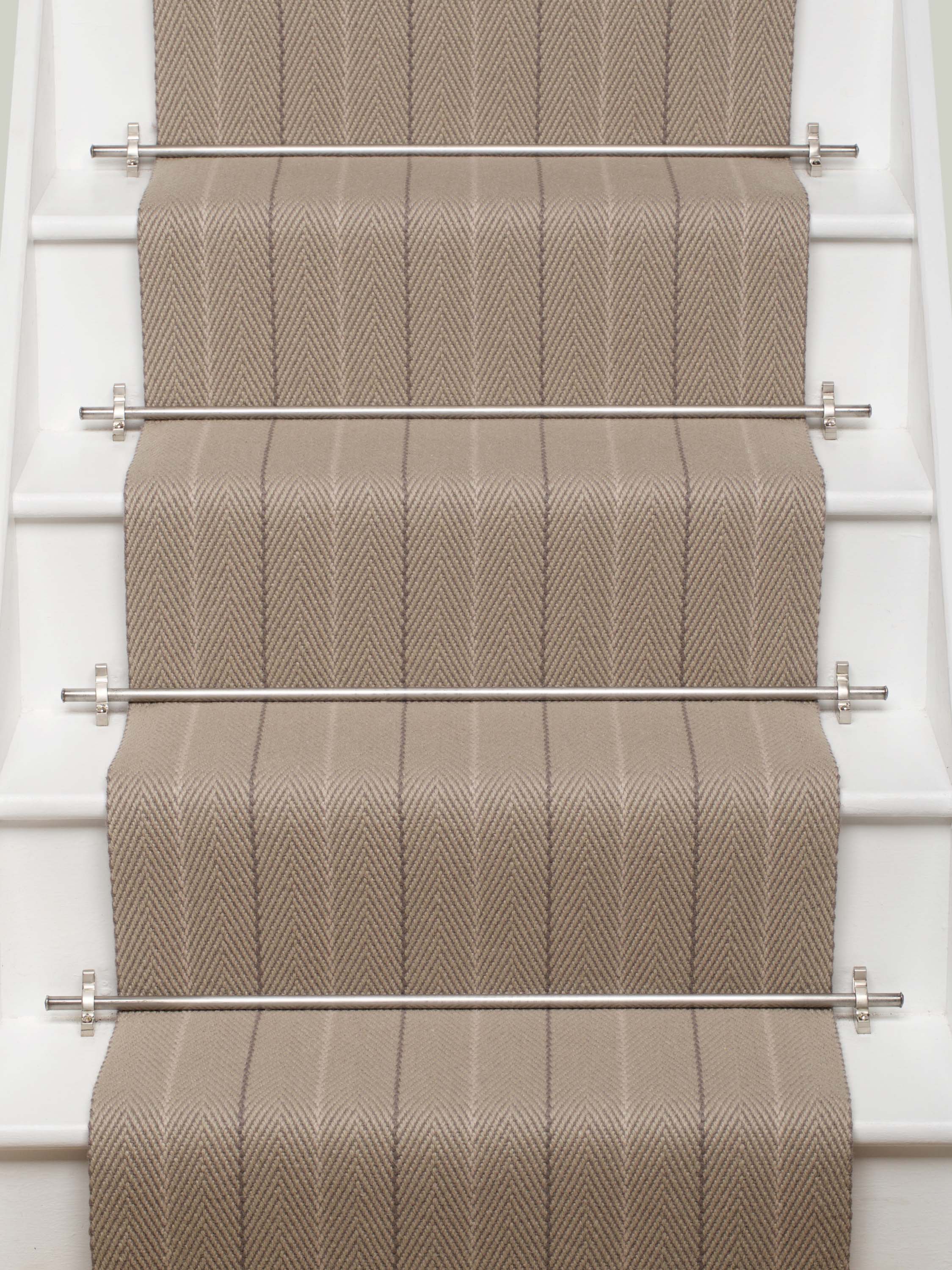 Striped flatweave runner in light grey on white staircase