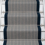 Striped flatweave runner in grey and dark blue on white staircase