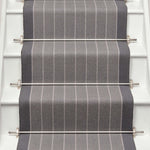 Striped flatweave runner in light grey on white staircase