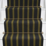 Striped flatweave runner in blue and yellow on white staircase