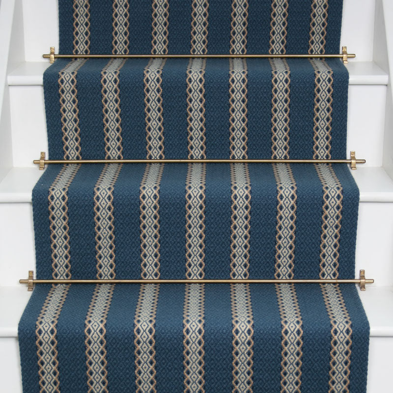 Striped flatweave runner in bblue and white on white staircase