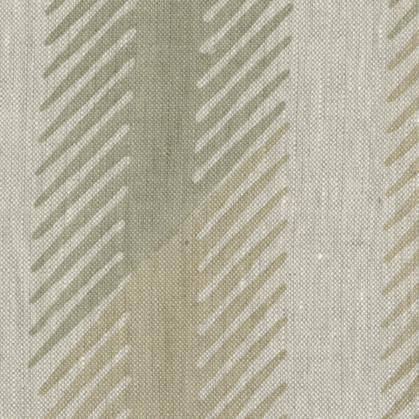 Fabric in a playful broken stripe pattern in olive on a greige field.