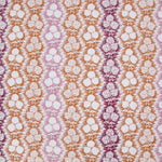 Fabric in a detailed botanical stripe print in shades of pink, purple and orange on a white field.