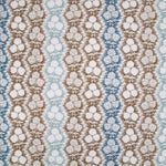 Fabric in a detailed botanical stripe print in shades of blue and brown on a white field.