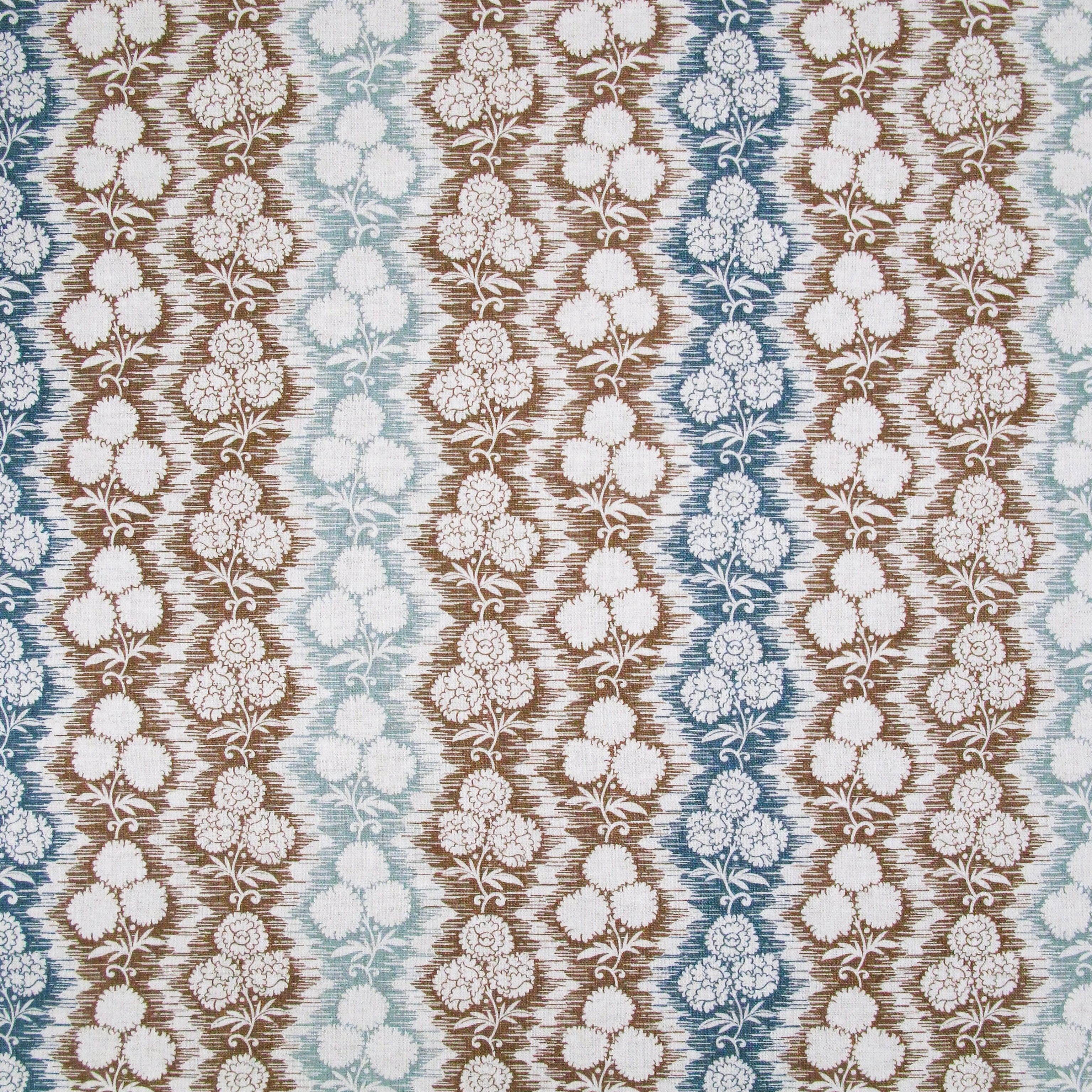 Fabric in a detailed botanical stripe print in shades of blue and brown on a white field.
