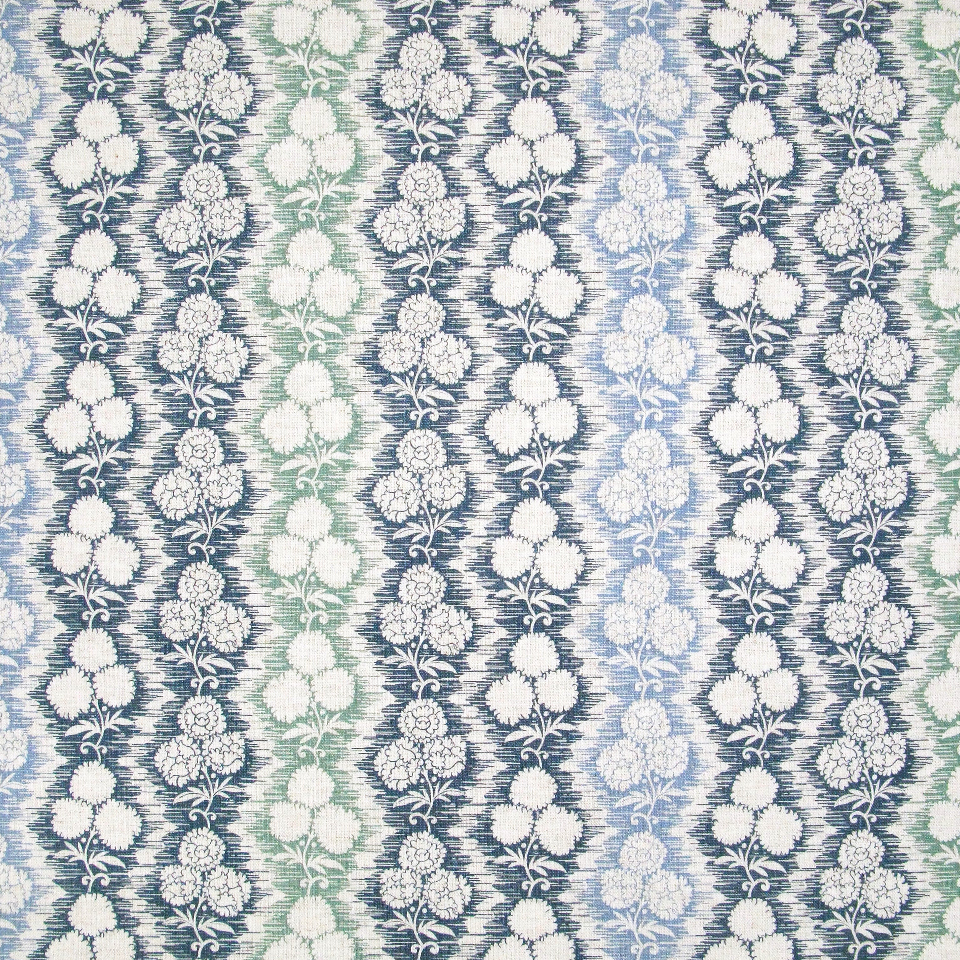 Fabric in a detailed botanical stripe print in shades of blue and green on a white field.