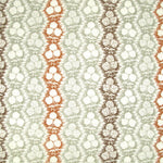 Fabric in a detailed botanical stripe print in shades of green, rust and brown on a white field.