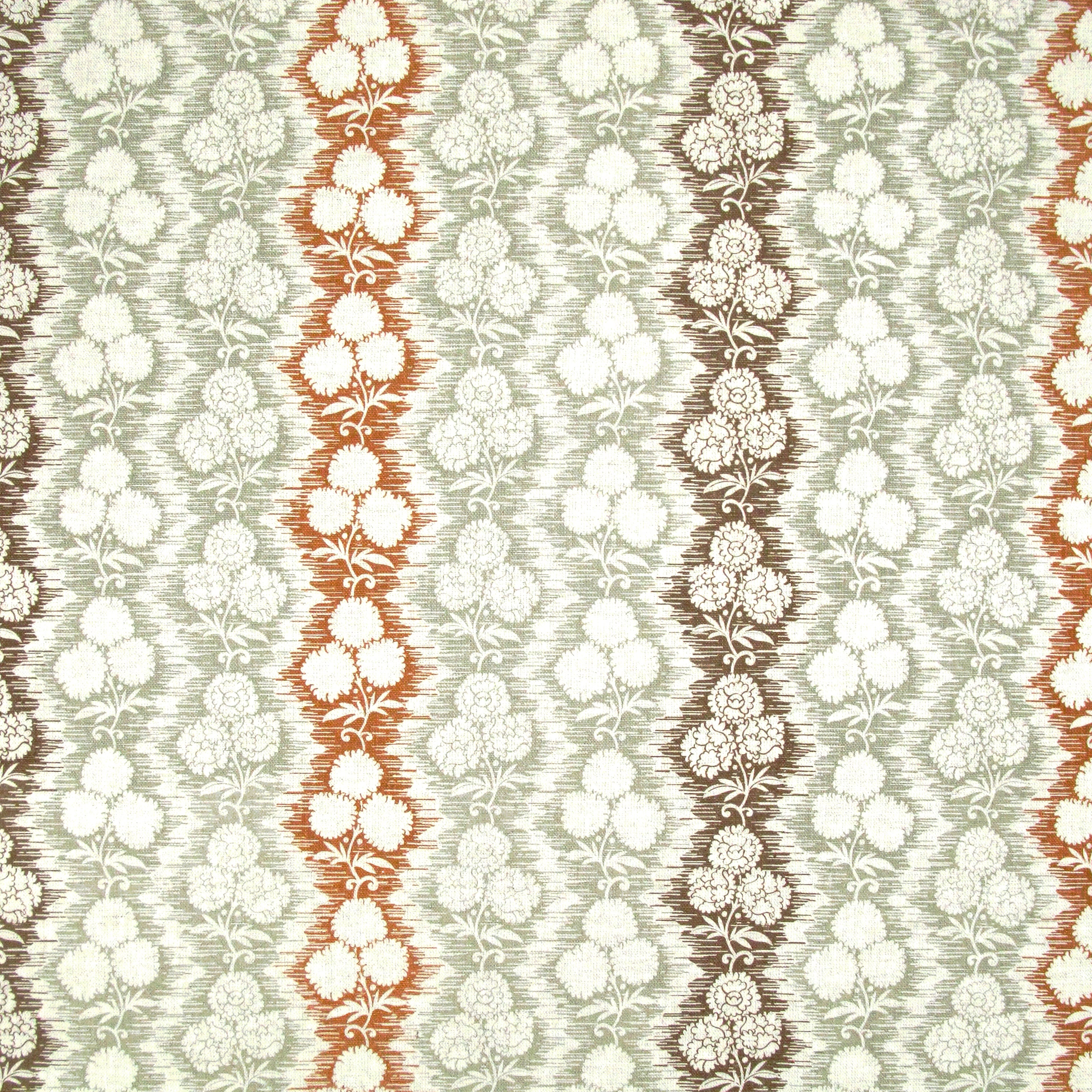 Fabric in a detailed botanical stripe print in shades of green, rust and brown on a white field.