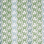 Fabric in a detailed botanical stripe print in shades of blue and green on a white field.