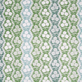 Fabric in a detailed botanical stripe print in shades of blue and green on a white field.