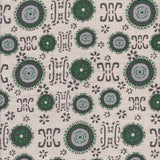 Detail of fabric in a repeating geometric shape print in shades of green and gray on a cream field.