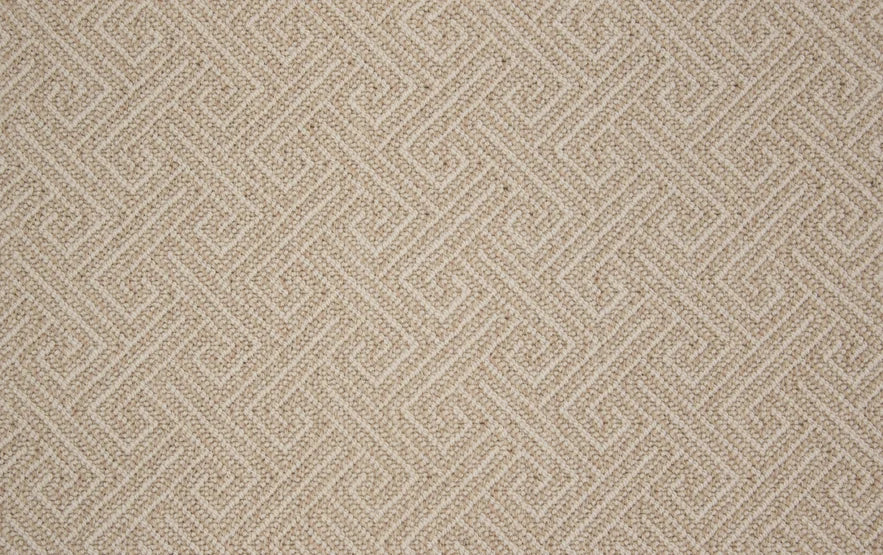 Broadloom carpet swatch in wavy geometric pattern tan color