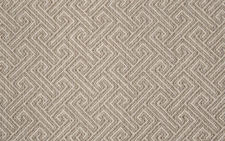 Broadloom carpet swatch in wavy geometric pattern light grey tan color