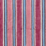 Fabric in a playful irregular stripe pattern in shades of pink, blue and cream.