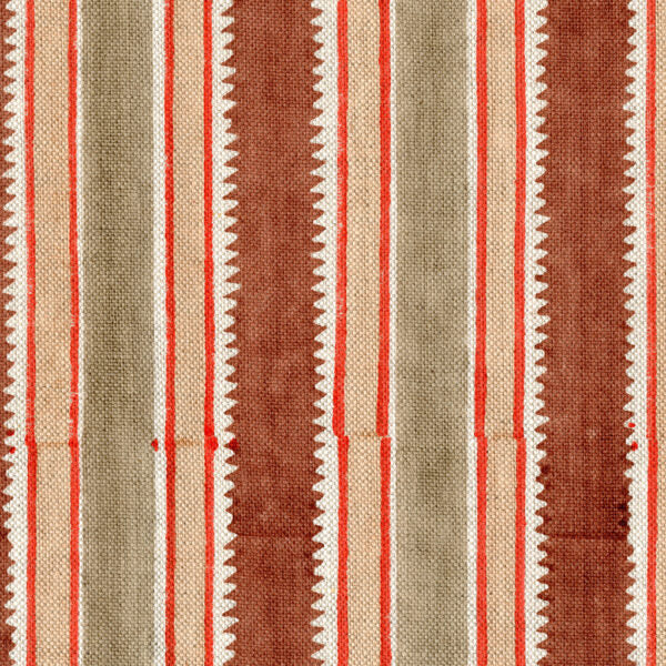 Fabric in a playful irregular stripe pattern in shades of brown, yellow and red.