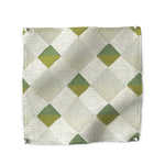 Square fabric swatch in a textural diamond lattice print in shades of green on a cream field.