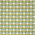 Detail of fabric in a textural diamond lattice print in cream on a green and mustard field.