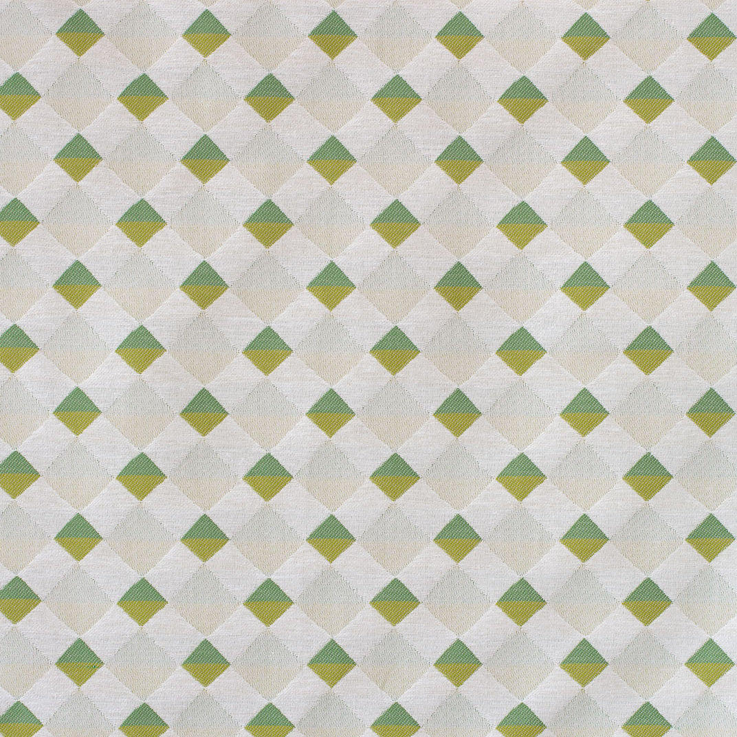 Detail of fabric in a textural diamond lattice print in shades of green on a cream field.