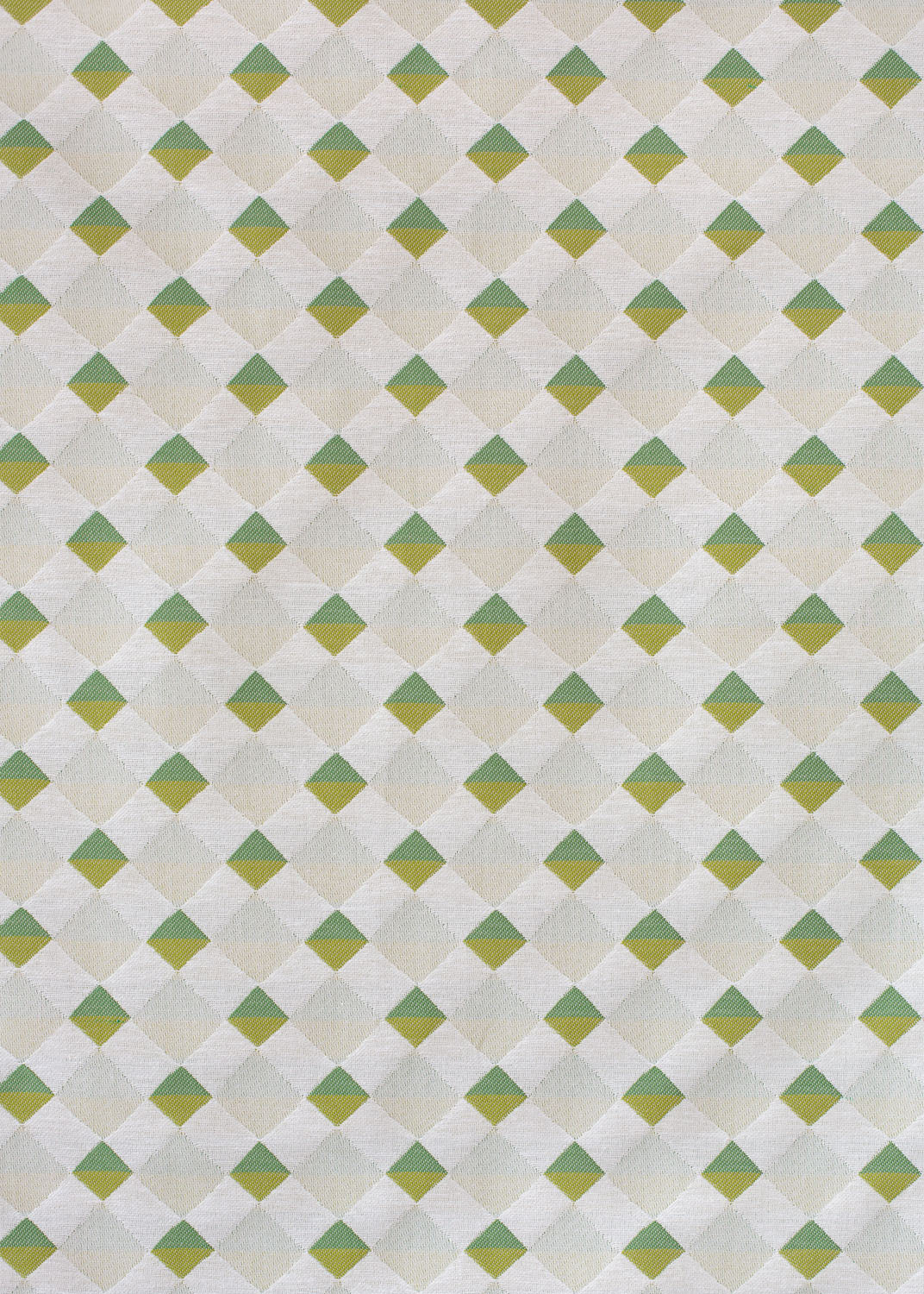 Detail of fabric in a textural diamond lattice print in shades of green on a cream field.