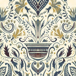 Detail of wallpaper in a floral damask print in shades of navy and gold on a cream field.