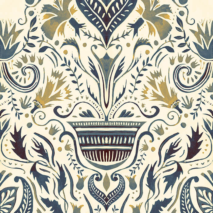 Detail of wallpaper in a floral damask print in shades of navy and gold on a cream field.