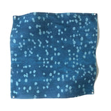 Square fabric swatch in an abstract dotted pattern in blue on a mottled navy field.
