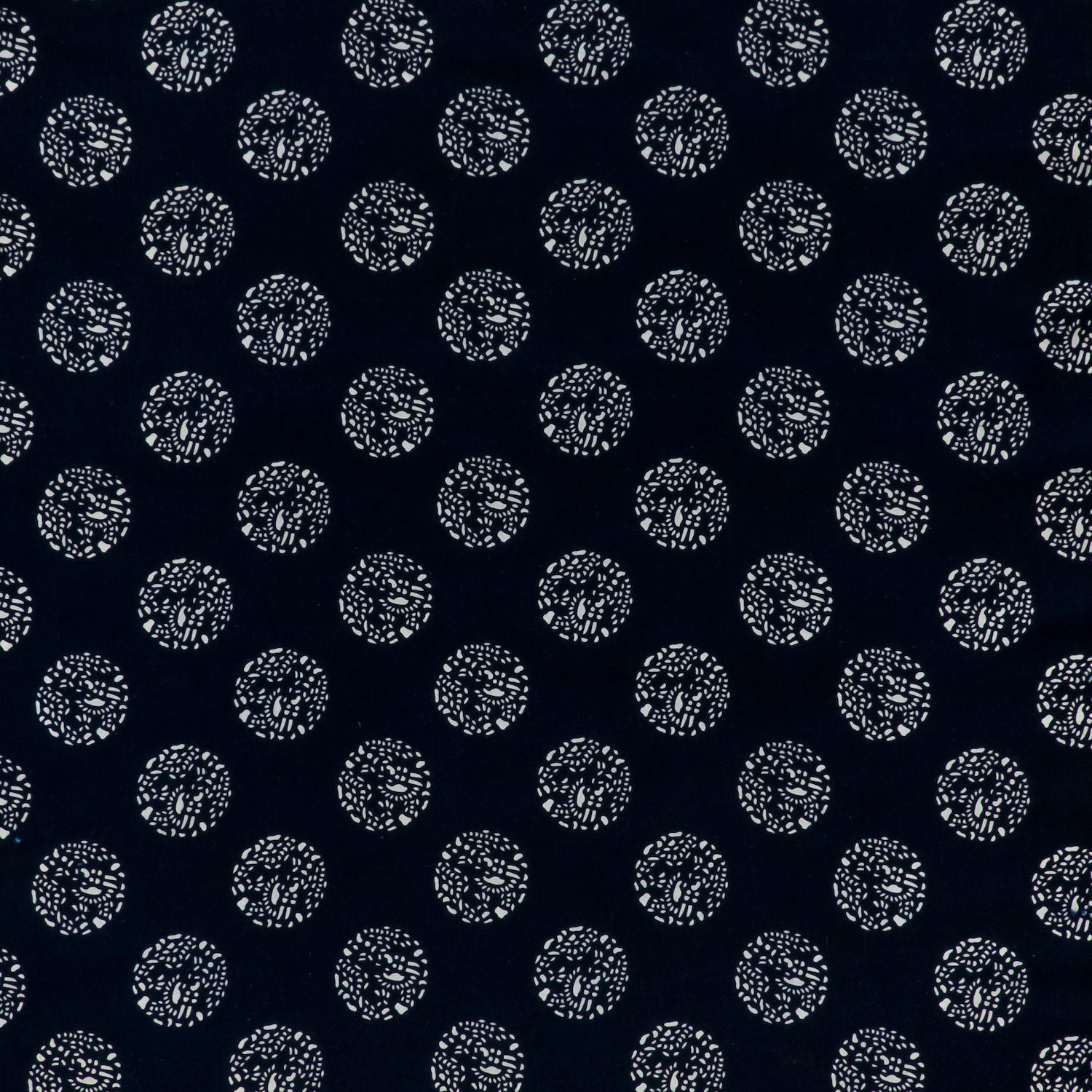 printed cotton fabric in a repeating dotted pattern in white on an indigo field.