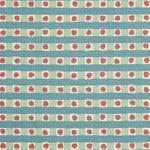 Detail of fabric in a playful dotted check print in turquoise and red on a cream field.