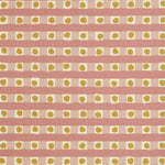 Detail of fabric in a playful dotted check print in pink and mustard on a cream field.