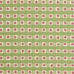 Detail of fabric in a playful dotted check print in pink and green on a cream field.