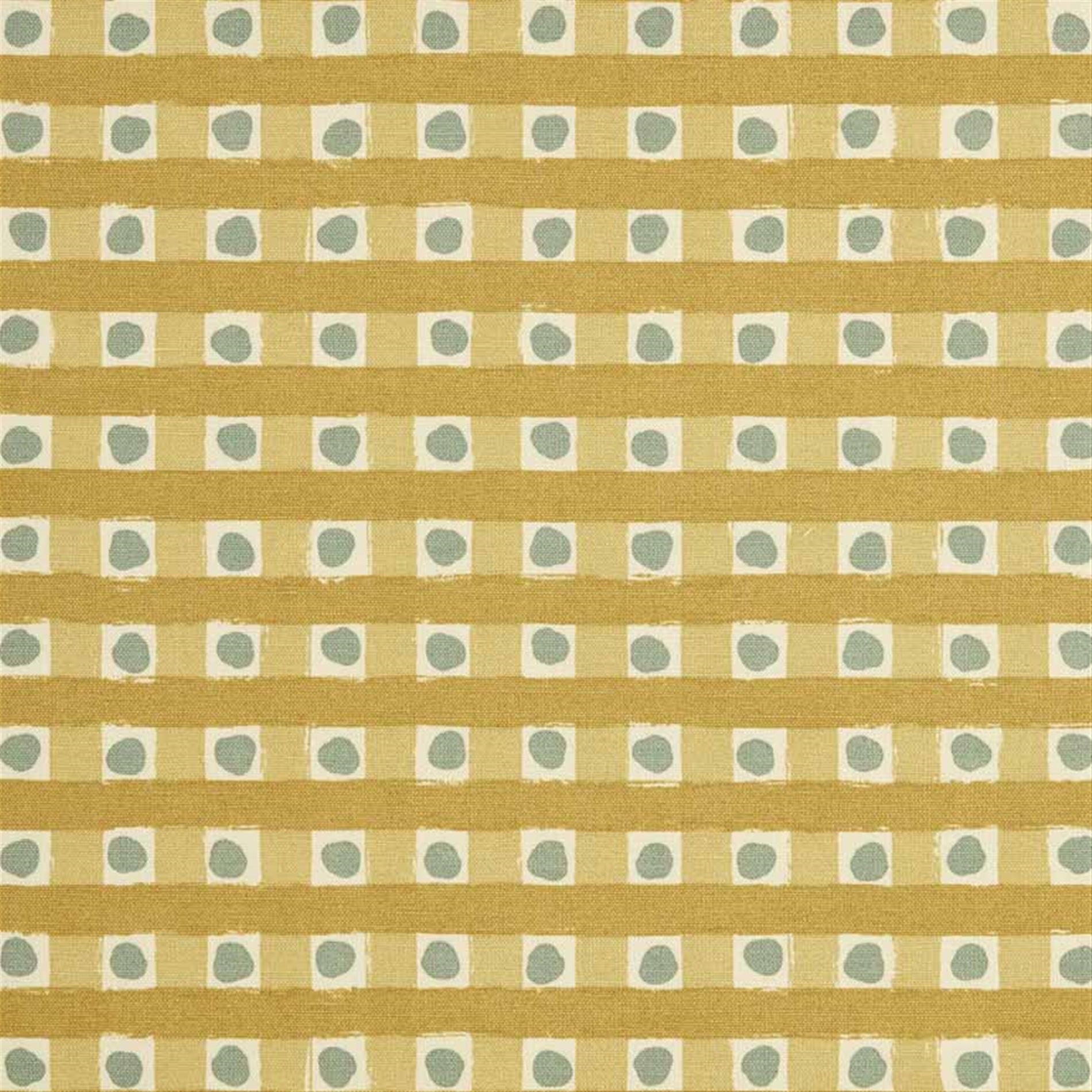 Detail of fabric in a playful dotted check print in gray and mustard on a cream field.