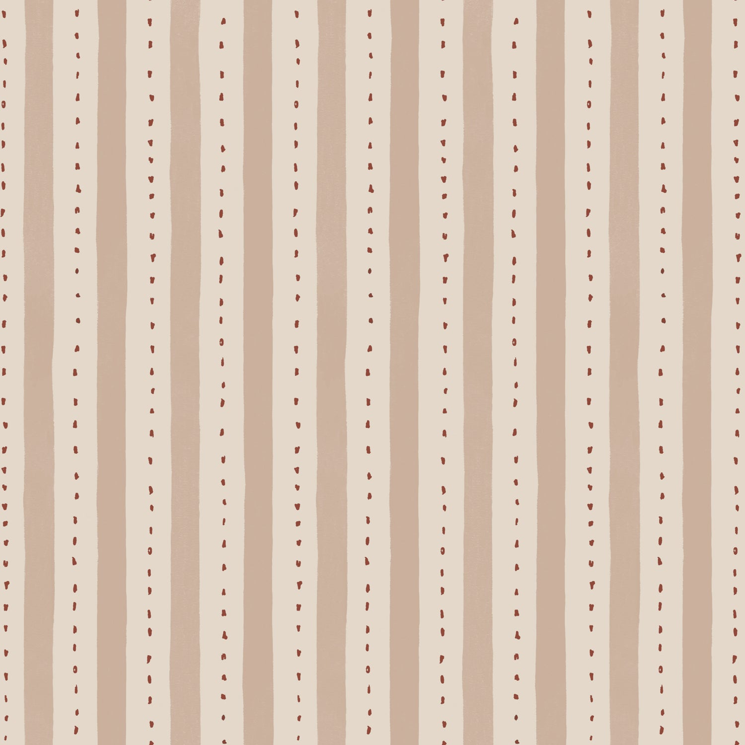 Wallpaper detail in a playful hand drawn dotted stripe in ivory, blush and red.