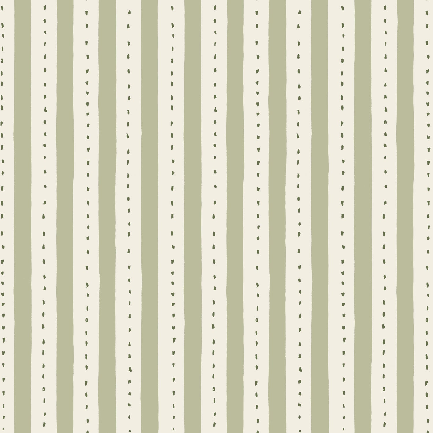 Wallpaper detail in a playful hand drawn dotted stripe in ivory, sage and hunter green.