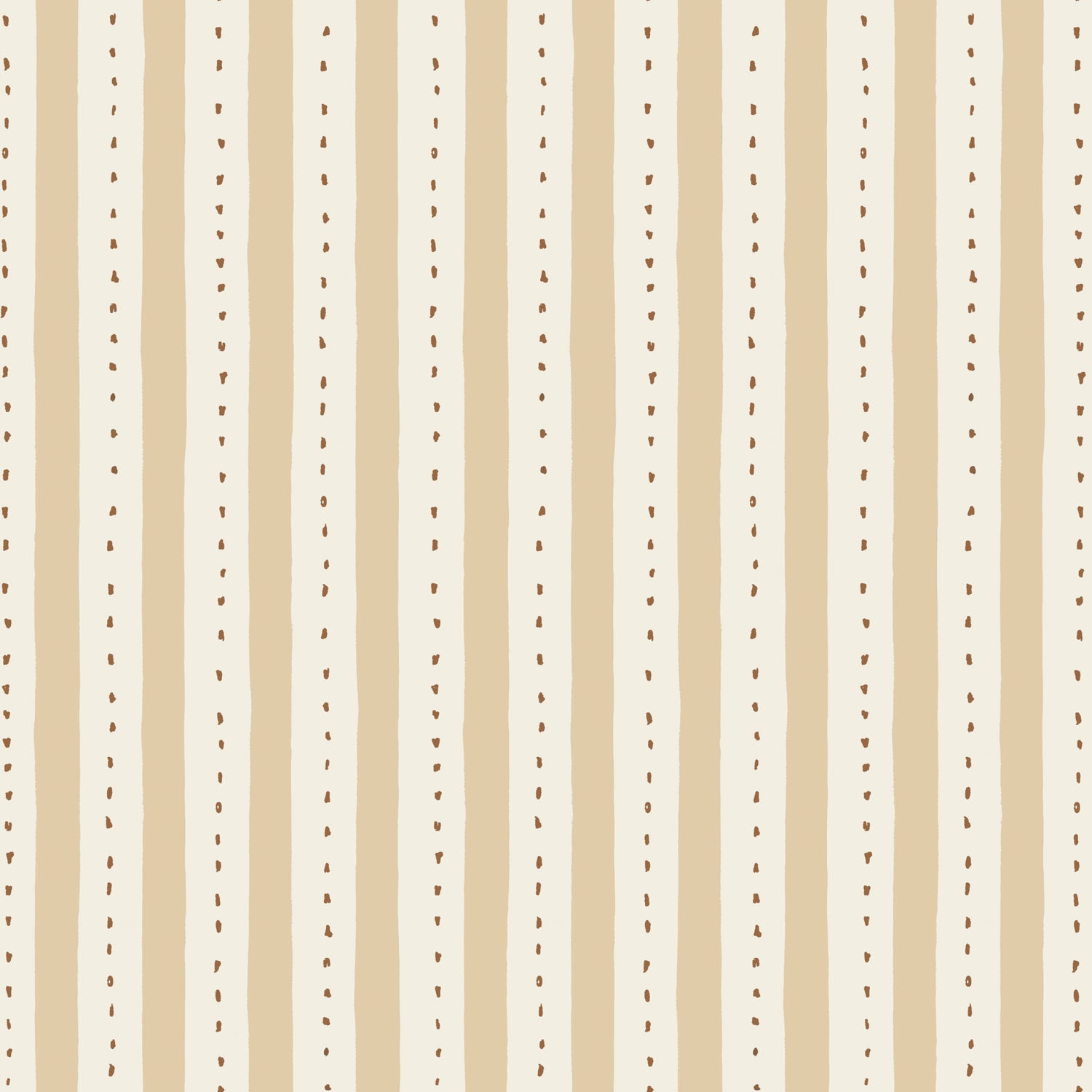 Wallpaper detail in a playful hand drawn dotted stripe in ivory, soft yellow and brown.