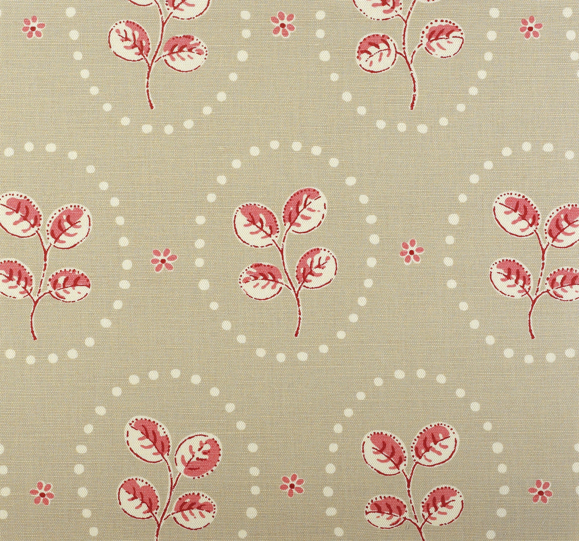 Detail of fabric in a repeating leaf print in red and cream on a light brown field.