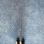 A person standing on a cowhide rug in navy with a painterly starburst overlay in blue.